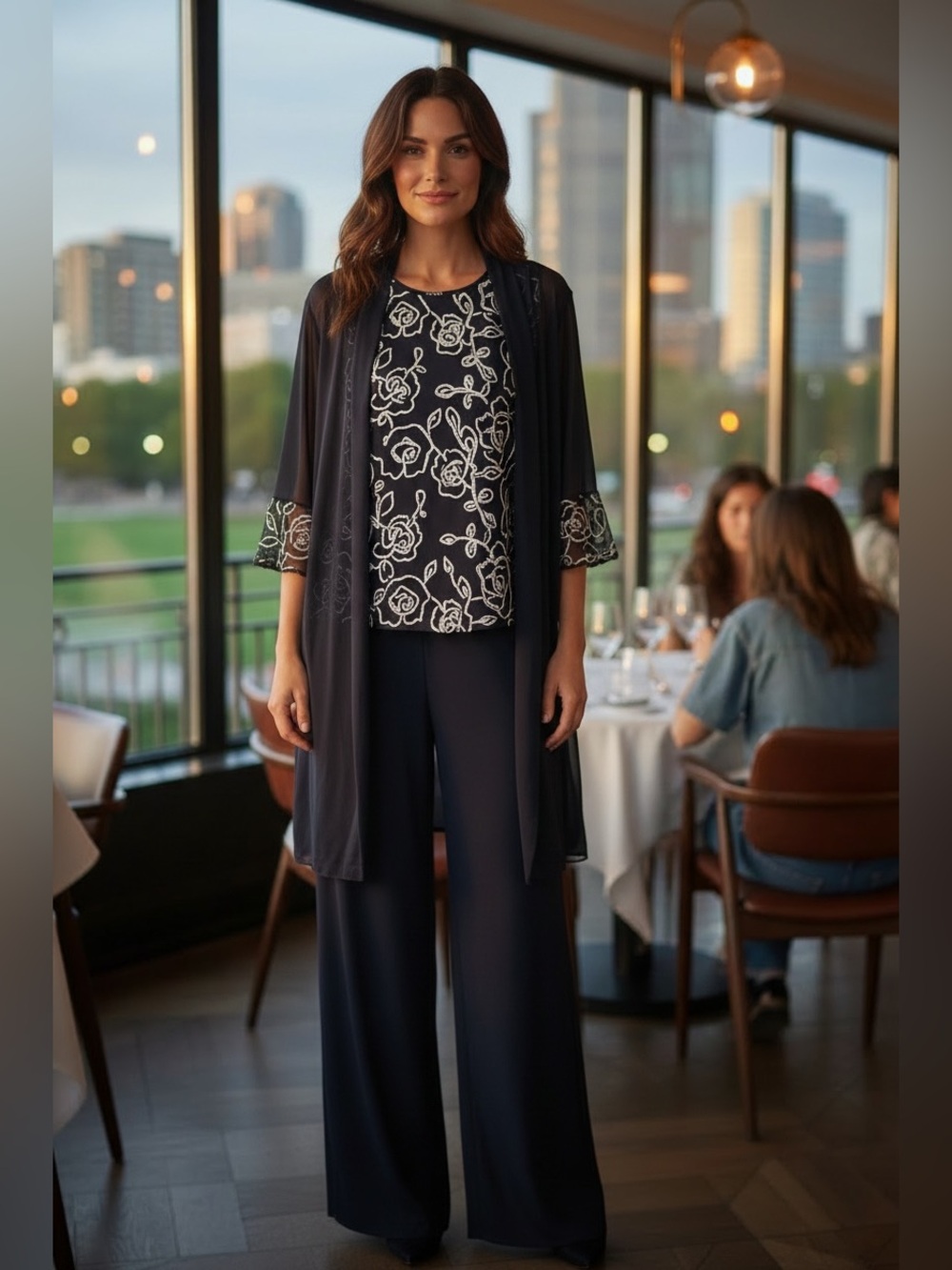 MARINA Navy Wide-Leg Pants Set with Floral Top and Sheer Jacket